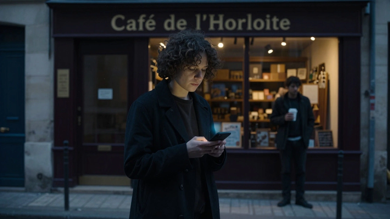 A person walking through Le Marais at dusk, phone in hand, a distant figure near a bookstore window.