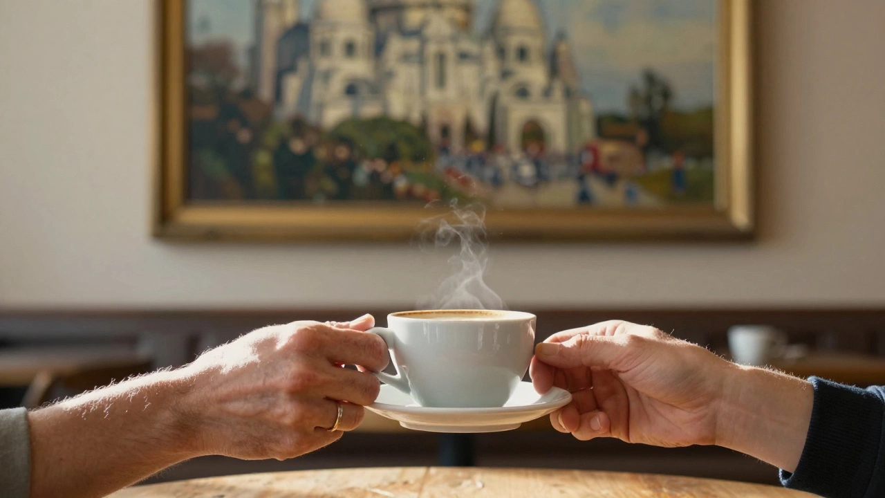 Two hands clasped over a coffee cup in a museum café, sunlight filtering through the window.